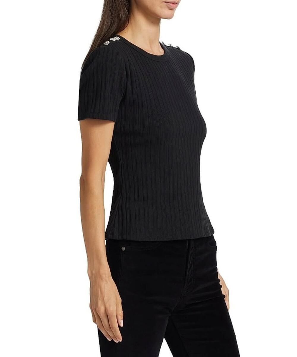 Veronica Beard Women Black Cotton Rib Knit Draya Embellished Slim Tee Size XS